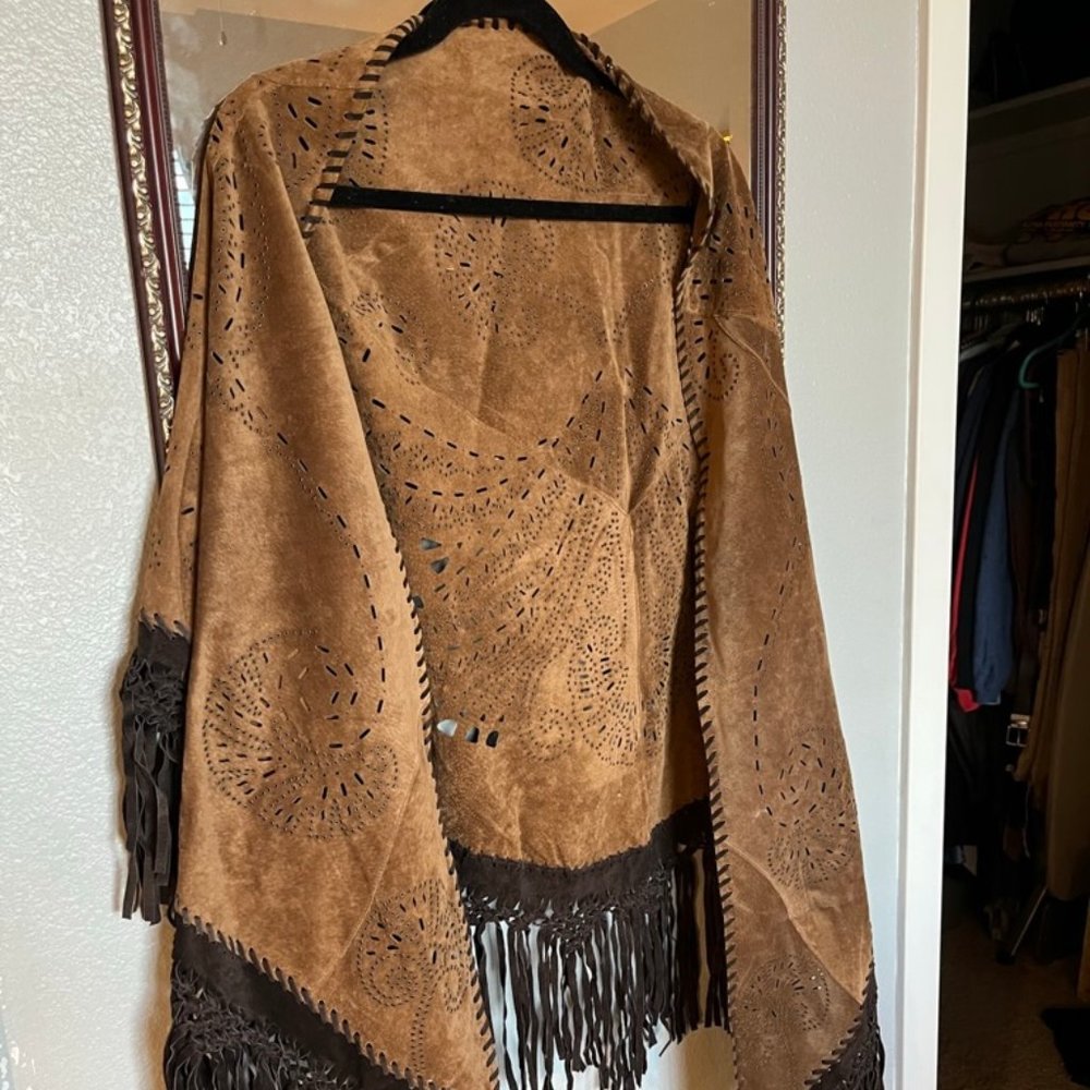 Coldwater Creek Lace Detailed Fringe Leather Shawl